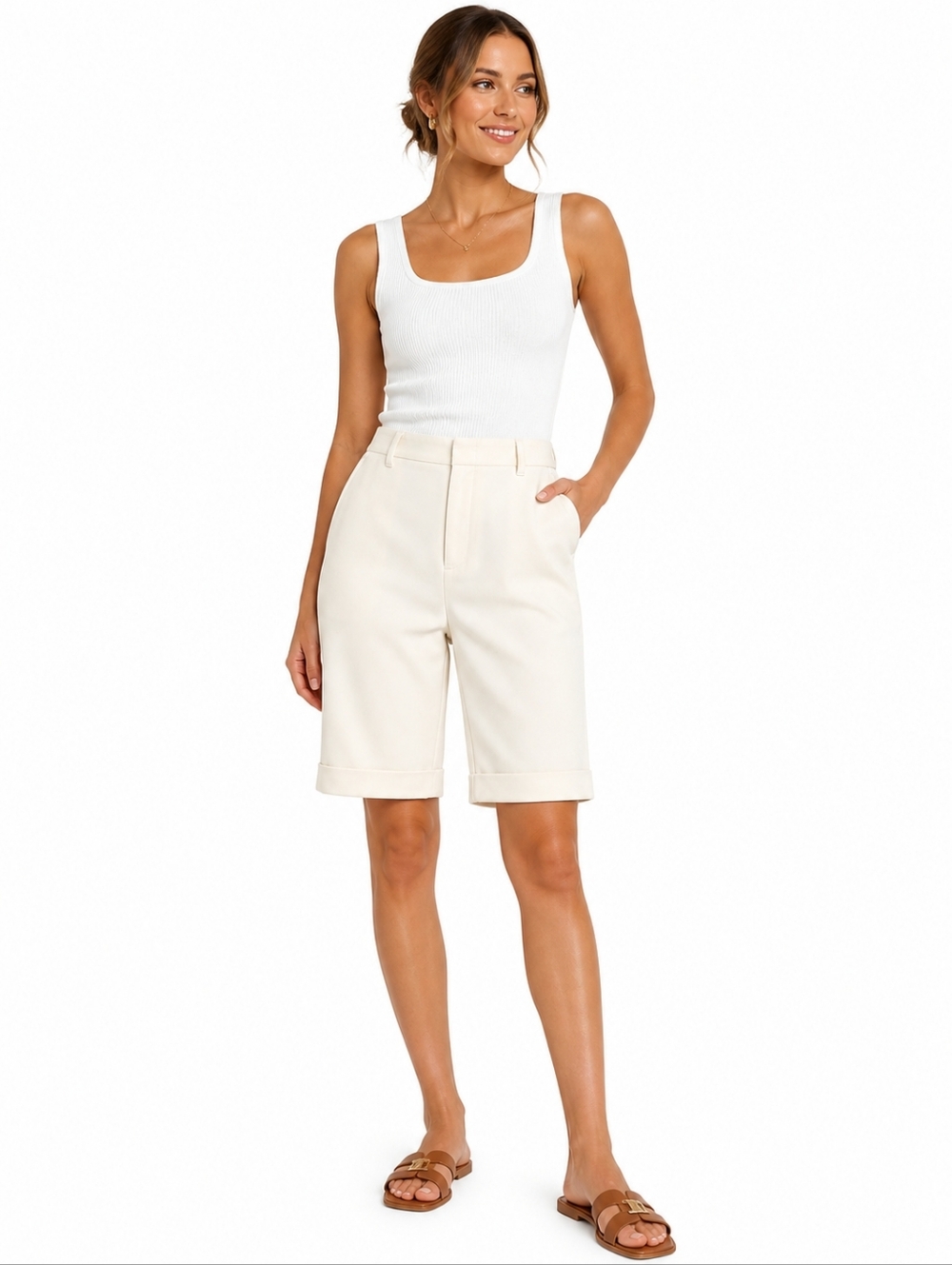 Maeve Anthropologie Cream Tailored Shorts Size 12 Elegant Minimalist Cuffed Hem - Picture 2 of 12